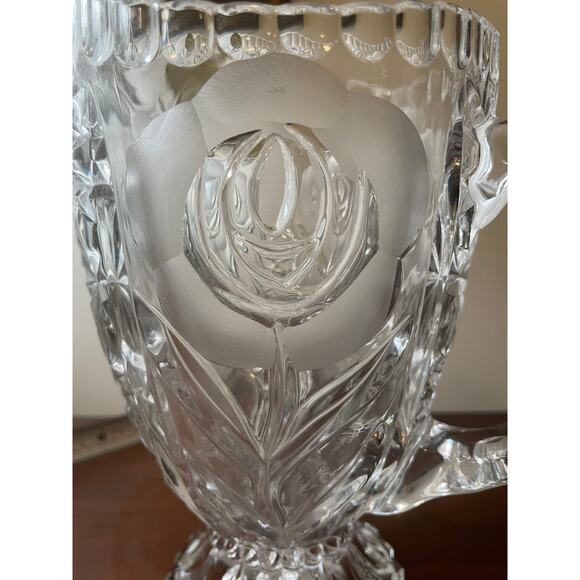Vintage Cut Crystal Glass Etched Floral 9" Footed Pitcher with Original Sticker - Picture 5 of 10